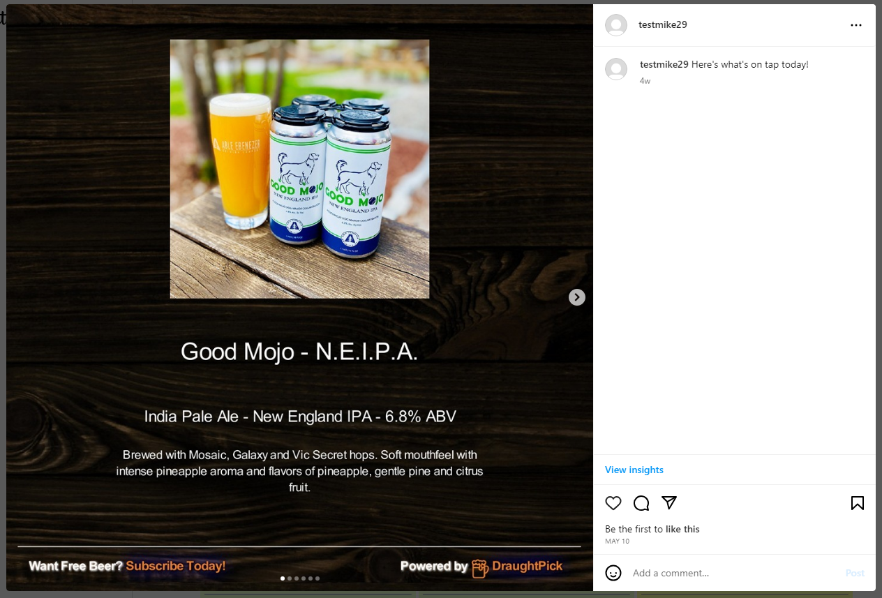 Screenshot of DraughtPick Social Media Integration - Instagram Post